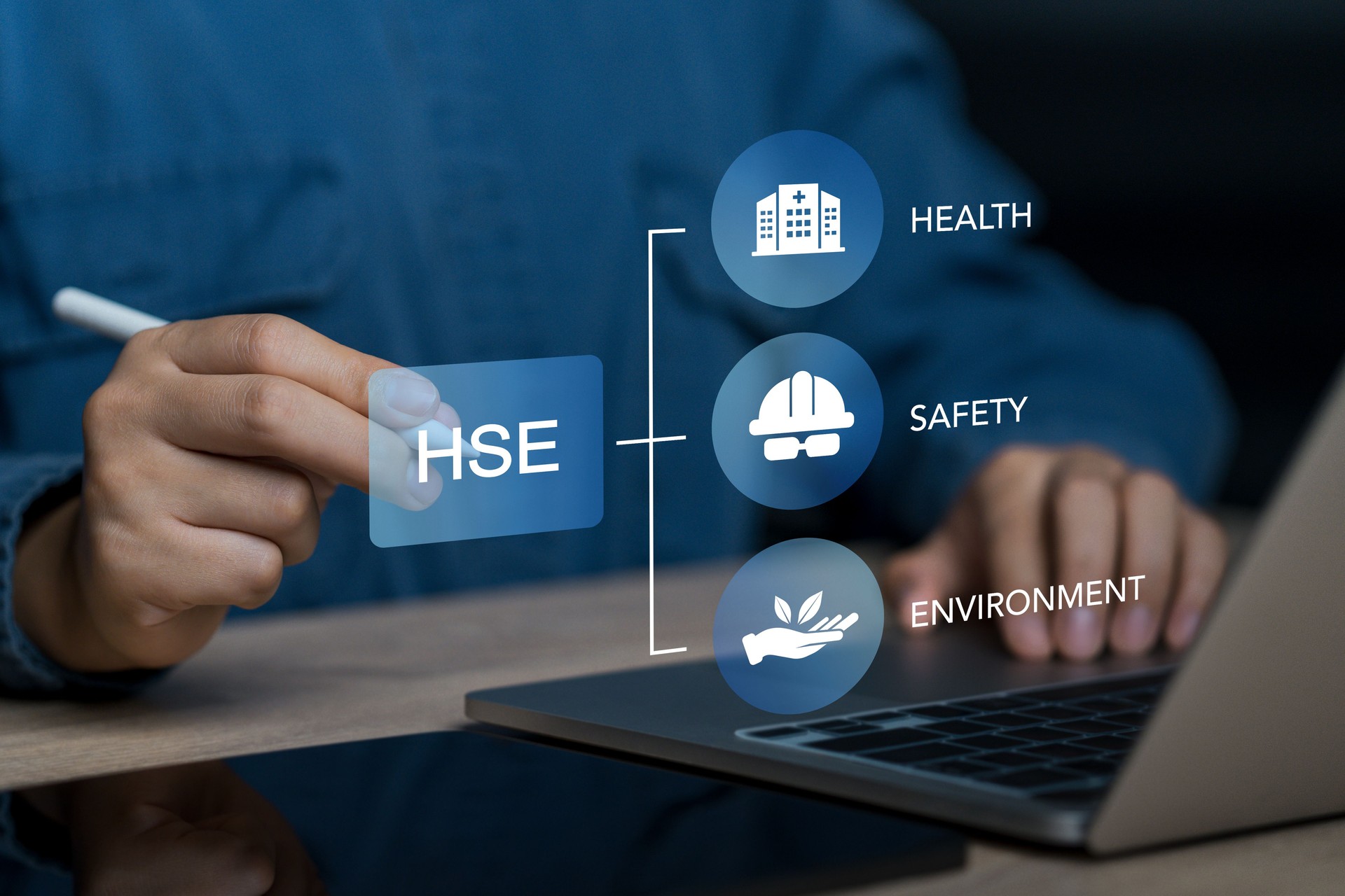HSE Health, Safety, Environment Concepts that focus on accident prevention, safety for businesses and organizations. Businessman use laptop show HSE icon on virtual screen for business.